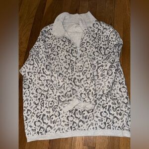 aerie Gray Leopard Quarter-Zip Sweater